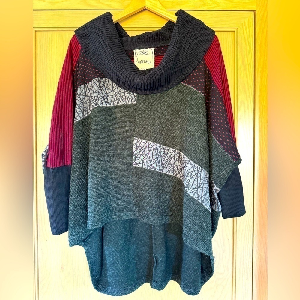 Vintage Concept Mixed Fabric Poncho Pullover Turtleneck Sweater / small